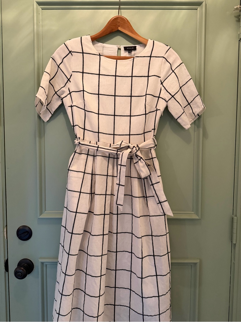 Roolee White Midi Dress with Black Windowpane Grid and Waist Tie